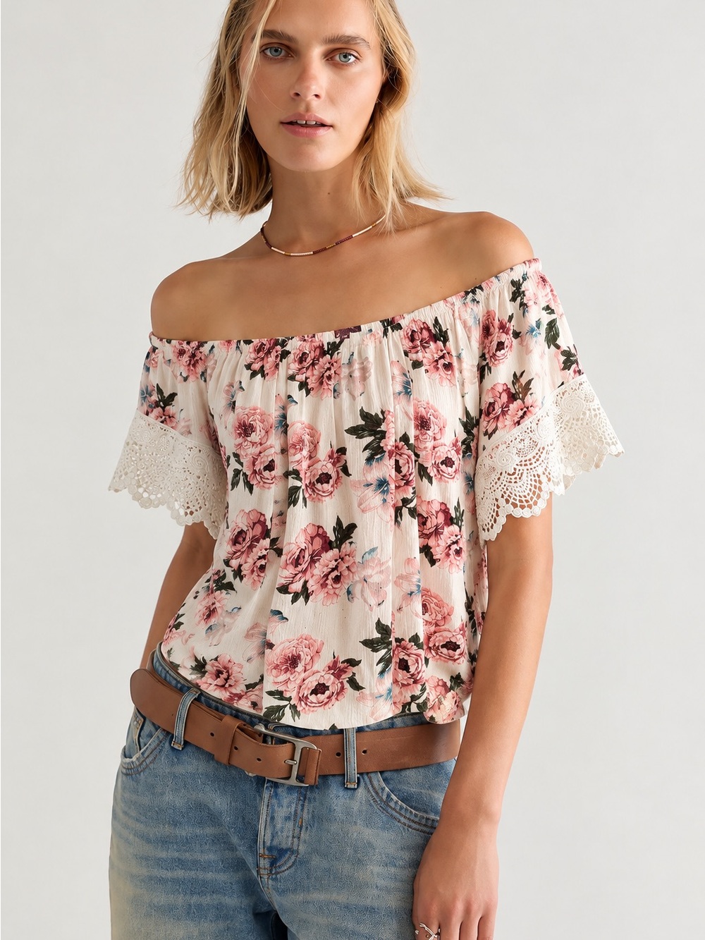 197. Floral Off-Shoulder Lace Sleeve Top - Pink